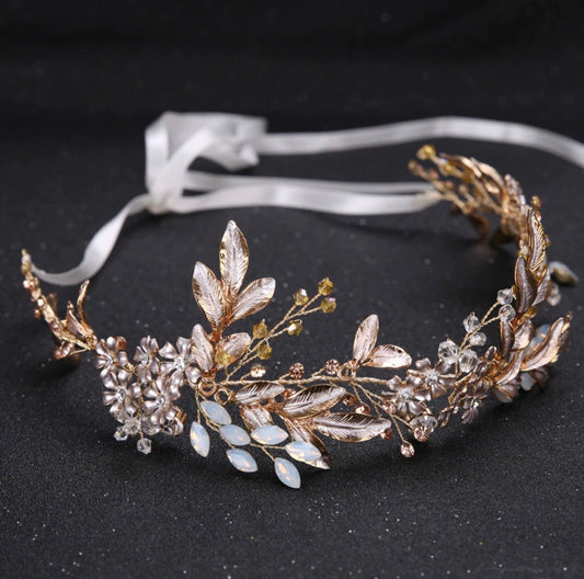 Champagne Crystal Beads Flower Bride Headbands Hair Princess Bridal Ribbon Hairband Wedding Hair Accessories Crown