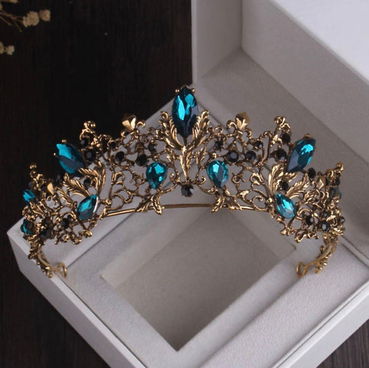 Baroque Crown, Role Play, Cosplay, Ren Faire, Royalty Tiaras - Vintage-Gold Crowns - turquoise blue rhinestones - red rhinestones, blue